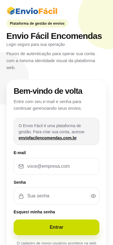 App mobile Expo de Envio Fácil Encomendas